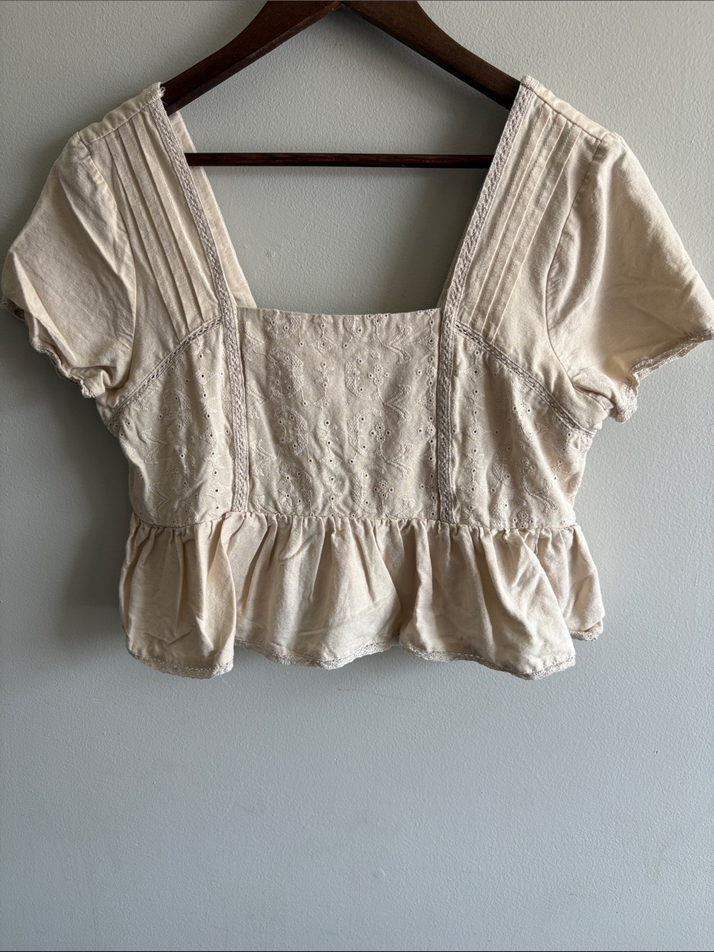 Midnight Sky Linen Blend Eyelet Peplum Top Cream Cottagecore Boho L
